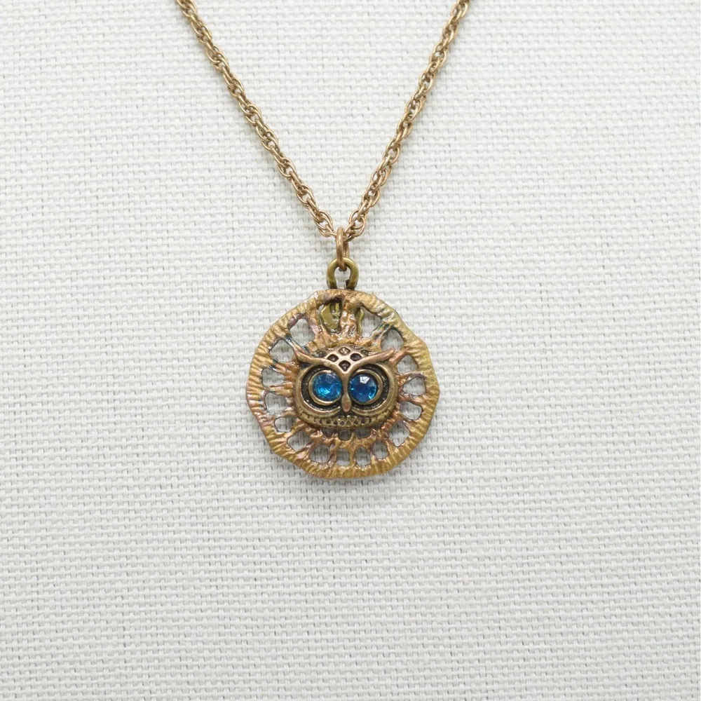 Woodland Owl Pendant Necklace Gold Blue Teal Eyes Whimsical Bohemian Indie Y2K